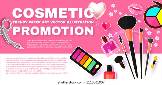 Make Up Paper Art Background. Cosmetics and Fashion Promotion Template. Lippstick, Bruches, Nail Polish, Eye Shadow Palettes, Perfume, Mascara, Rose and so on. Vector illustration