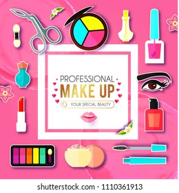 Make Up Paper Art Background. Cosmetics and Fashion Promotion Template. Lippstick, Bruches, Nail Polish, Eye Shadow Palettes, Perfume, Mascara, Heart Balloon, Flowers and so on. Vector illustration