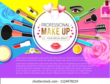 Make Up Paper Art Background. Cosmetics and Fashion Promotion Template. Lippstick, Bruches, Nail Polish, Eye Shadow Palettes, Perfume, Mascara, Rose and so on. Vector illustration