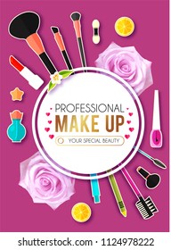 Make Up Paper Art Background. Cosmetics and Fashion Promotion Template. Lippstick, Bruches, Nail Polish, Eye Shadow Palettes, Perfume, Mascara, Rose and so on. Vector illustration