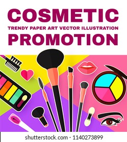 Make Up Paper Art Background. Cosmetics and Fashion Promotion Template. Lippstick, Bruches, Nail Polish, Eye Shadow Palettes, Perfume, Mascara, Heart Balloon, Flowers and so on. Vector illustration