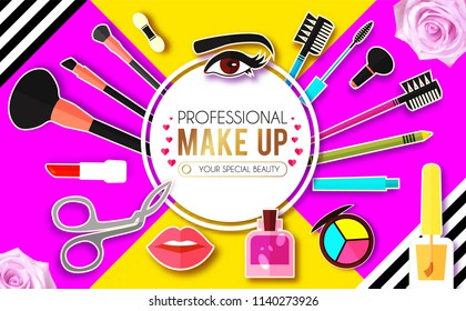 Make Up Paper Art Background. Cosmetics and Fashion Promotion Template. Lippstick, Bruches, Nail Polish, Eye Shadow Palettes, Perfume, Mascara, Rose and so on. Vector illustration