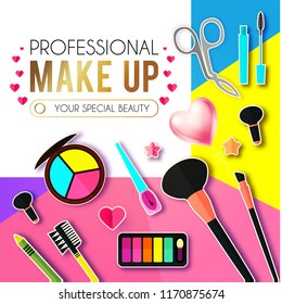 Make Up Paper Art Background. Cosmetics and Fashion Promotion Template. Lippstick, Bruches, Nail Polish, Eye Shadow Palettes, Perfume, Mascara, Heart Balloon, Flowers and so on. Vector illustration