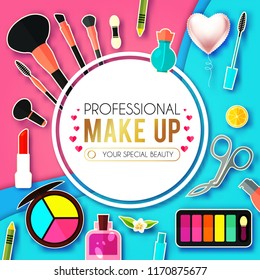 Make Up Paper Art Background. Cosmetics and Fashion Promotion Template. Lippstick, Bruches, Nail Polish, Eye Shadow Palettes, Perfume, Mascara, Rose and so on. Vector illustration