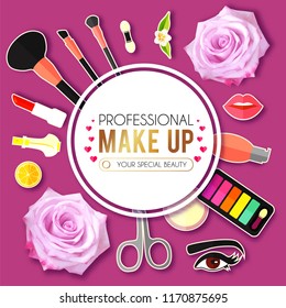 Make Up Paper Art Background. Cosmetics and Fashion Promotion Template. Lippstick, Bruches, Nail Polish, Eye Shadow Palettes, Perfume, Mascara, Rose and so on. Vector illustration