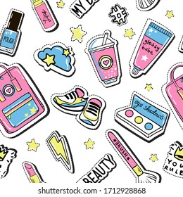 Make up pattern. Doodle makeup seamless pattern. Seamless pattern with collection of brushes, nail polishes, lipsticks and etc. from make up artist kit. EPS10 vector illustration. Masked pattern.