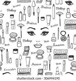 Make up pattern. Doodle makeup seamless pattern. Seamless pattern with collection of brushes, nail polishes, lipsticks and etc. from make up artist kit. EPS10 vector illustration. Masked pattern.