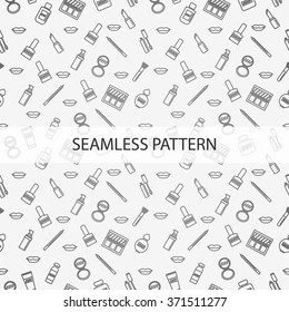 Make up pattern. Doodle makeup seamless pattern. Seamless pattern with collection of brushes, nail polishes, lipsticks and etc. from make up artist kit. EPS10 vector illustration. Masked pattern.