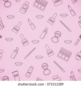 Make up pattern. Doodle makeup seamless pattern. Seamless pattern with collection of brushes, nail polishes, lipsticks and etc. from make up artist kit. EPS10 vector illustration. Masked pattern.