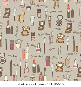 Make up pattern. Doodle makeup seamless pattern. Seamless pattern with collection of brushes, nail polishes, lipsticks and etc. from make up artist kit. EPS10 vector illustration. Masked pattern.