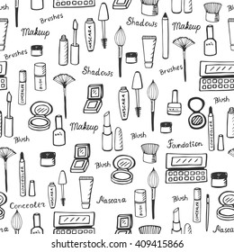 Make up pattern. Doodle makeup seamless pattern. Seamless pattern with collection of brushes, nail polishes, lipsticks and etc. from make up artist kit. EPS10 vector illustration. Masked pattern.