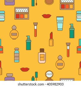 Make up pattern. Makeup icons seamless pattern. Seamless pattern with collection of brushes, nail polishes, lipsticks and etc. from make up artist kit. EPS10 vector illustration. Masked pattern.