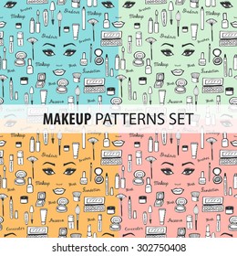 Make up pattern set. Doodle makeup seamless pattern. Seamless pattern with collection of brushes, nail polishes, lipsticks and etc. from make up artist kit. EPS10 vector illustration. Masked pattern.