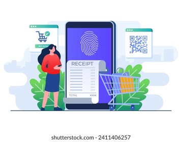 Bezahlen mit Fingerabdruck-Scanner, Sicheres Zahlungstransaktionskonzept, flache Vektorgrafik-Vorlage, Online-Zahlungsterminals, Online-Shopping, Sichere digitale Überweisungsmethode