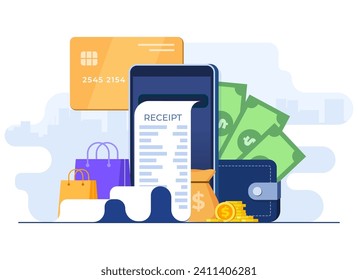 Make a payment on Internet using credit or debit card concept flat illustration, E-commerce, Online shopping, Mobile banking, Electronic receipt, Cashless payment, Secure transaction, Digital bill