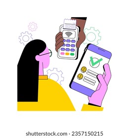 Hacer pagos ilustraciones de vectores de dibujos animados aislados. Mujer sonriente haciendo pagos usando smartphone, transacción exitosa con aplicación bancaria, gente de negocios, caricatura vectorial de tecnología moderna.