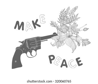 Make peace. Bouquet of flowers in the gun muzzle. Black on white