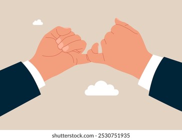 Make peace with hand gesture joining pinkies swear not to argue or quarrel. Hand gesturing keeping promise. Flat vector illustration