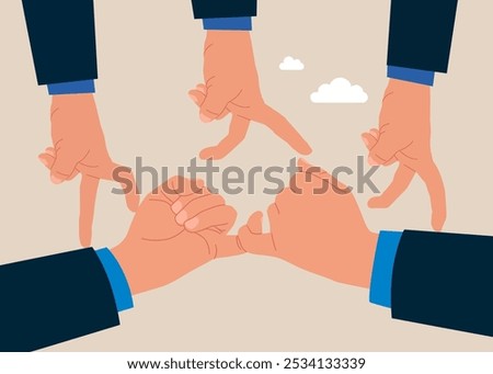 Make peace with hand gesture joining pinkies swear not to argue or quarrel. Hands people running from hand to hand. Business deal, agreement, contract. Flat vector illustration.