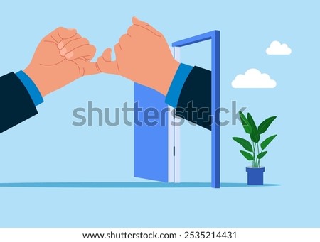 Make peace with hand gesture joining pinkies swear not to argue or quarrel. Warm welcome to new office. Flat vector illustration