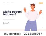 Make peace not war concept of landing page with young man showing peace fingers sign. Hipster person making victory, winner gesture. Male character emotions and expressions. Flat vector illustration