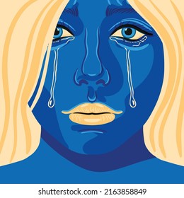 Make peace Poster. Sad Ukrainian woman is crying. Conceptual idea - Support Ukraine in war. Support for the country during the occupation. Blue yellow colors.