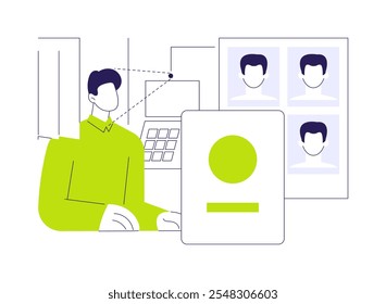 Foto für Dokumente abstraktes Konzept, Vektorgrafik. Bürger machen Foto für die Beantragung eines Arbeitsvisums, Passantragsdienste, Regierungssektor, neue ID-Karte abstrakte Metapher.