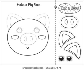
Make a pig face funny game in black and white for kids.  Cut and glue educational activity page in outline. Matching game with farm character. Vector illustration