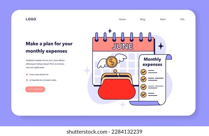 Machen Sie einen Plan für Ihre monatlichen Ausgaben, um ein Familienbudget zu halten. Haushalts-Ausgaben Verwaltung Web-Banner oder Landing-Page. Finanzeffizienz, Haushaltsführung und Wirtschaftlichkeit. Flache Vektorgrafik