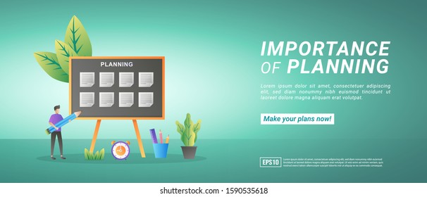 Make plans and manage time online. Implement discipline, efficient work, work or school scheduling. Suitable for web landing page, marketing, advertising, promotion, banner. Vector illustration