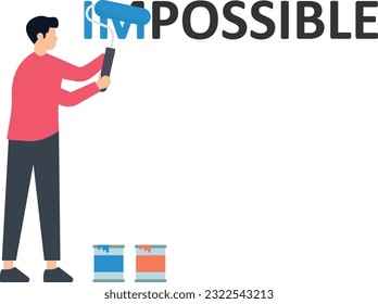 Make it possible and erase in words from impossible, Believe we can do it, Challenge or hope to overcome difficulty, Work hard and achieve success, Businessman using eraser to delete impossible.

