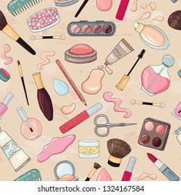 Make up product seamless pattern. Beauty tools, eye shadows, lipstick, cream, face care texture.