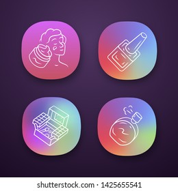 Make up products app icons set. Feminine hygiene, skincare accessories. UI/UX user interface. Web or mobile applications. Vector isolated illustrations. Face cream, nail polish, cosmetic kit, perfume