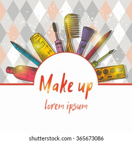 Make up products card. Beauty and cosmetics. Hand drawn vector Illustration. Eye shadow, mascara, cream, brush, comb and other products.