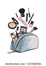 Make up products spilling out of a cosmetics bag and isolated on a white background. Vector illustration.