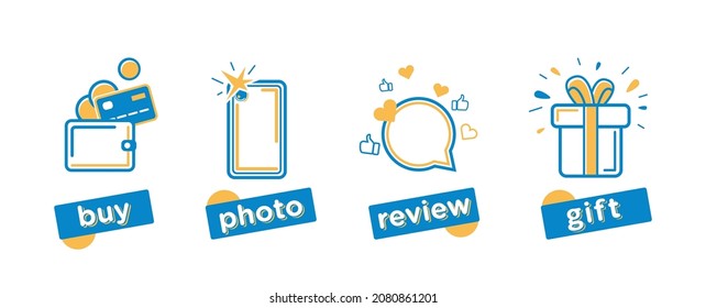 Make a purchase, take a photo of the purchased item, post the photo on social networks and receive a gift. Vector graphics of icons drawn in two colors, yellow and blue, on a white background.