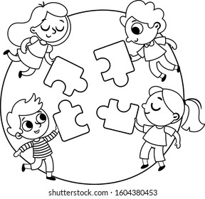 Make A Puzzle- Black And White. Four Children Are Coming Together For Make A Big Puzzle. Vector Illustration.