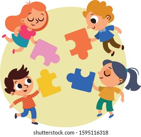 Make A Puzzle. Four Children Are Coming Together To Make A Big Puzzle. Vector Illustration.