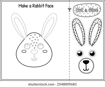 Make a rabbit face funny black and white game for kids. Cut and glue educational activity page in outline. Matching game with bunny character. Vector illustration