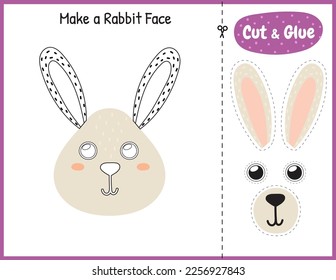 Make a rabbit face funny game for kids. Cut and glue educational activity page. Matching game with bunny character. Vector illustration