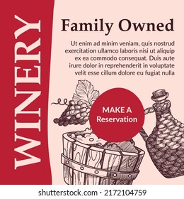 Make a reservation to family owned winery. Production of organic and tasty beverage, alcoholic drinks recipes and art. Promotional banner, leaflet or flyer, advertisement vector in flat style