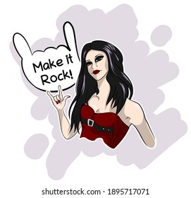 Rock, Heavy Metal, Gothic-Frauenkartoon oder Comic-Figur, Nahaufnahme, Vektorgrafik. Hand Hört Gesten doodle.