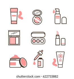 Make up routine icons set in line style. Vector illustration.