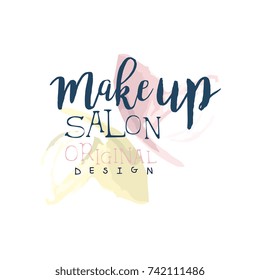 Make up salon original logo design, label for beauty studio, cosmetics shop, spa center watercolor vector Illustration