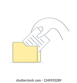 Make a save, file or dossier transfer to folder. Human hand puts the document in a folder. Business office outline isolated vector illustration.
