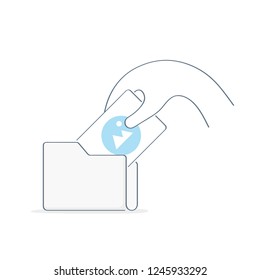 Make a save, jpeg picture or photo file transferring to the folder. Human hand puts the image in a folder. Business office outline isolated vector illustration.