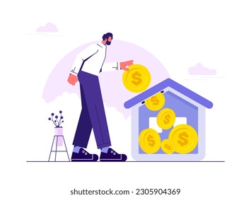 Make a savings plan to buy a home or home loan. House debt, Pay off house. Man put money coin in the house