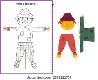 Make a scarecrow cut and glue game with cute farm character. Educational activity page for kids. On the farm matching game for school and preschool. Vector illustration