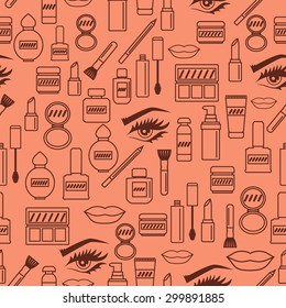 Make up seamless pattern. Background with beauty icons. Cosmetics background. Face makeup icons pattern.