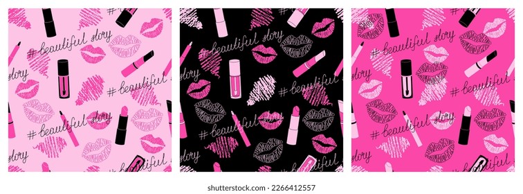 Ein nahtloses Muster mit Lippenstift, Lippenstift, verschmierten Lippenstift-Strichen, Küssen und Schriftzeichen # schöne Geschichte. Jedes Muster ist einzeln. Cute Vektorgrafik für Cover, Textilien, Packpapier.